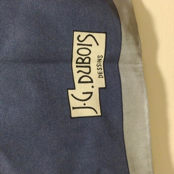 J.D. Dubois Silk Scarf 30x30 – Luxe Geometric Blue & Gold Tie Style Accessory - Picture 5 of 14